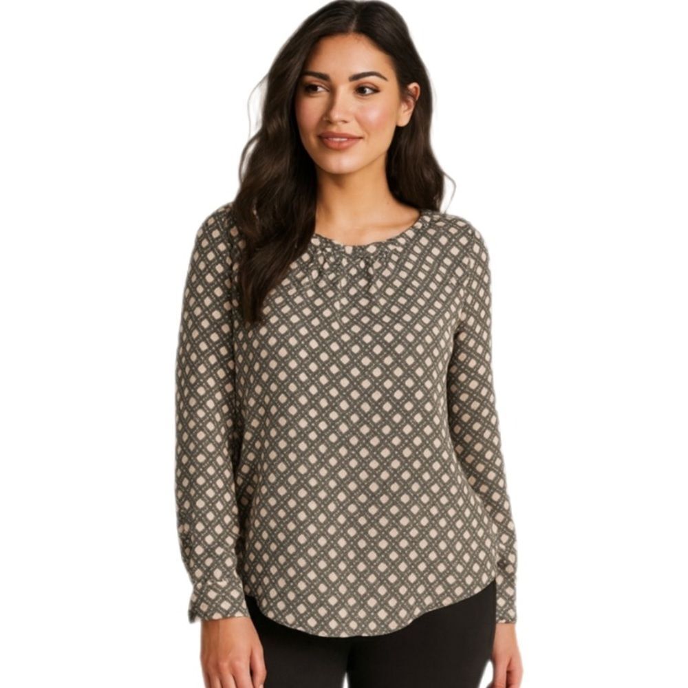 LOFT Gray Floral Geometric Long Sleeve Tie Neck Blouse Women’s— Size S